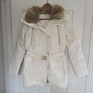 Michael Kors Cream Belted Puffer Jacket with Fur Hood